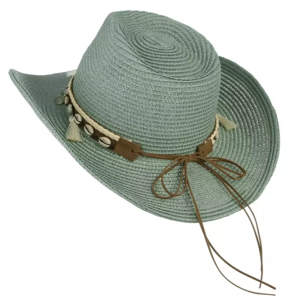 Boho Shell Panama Sun Hat In Sable & Sage - Picture 3 of 6